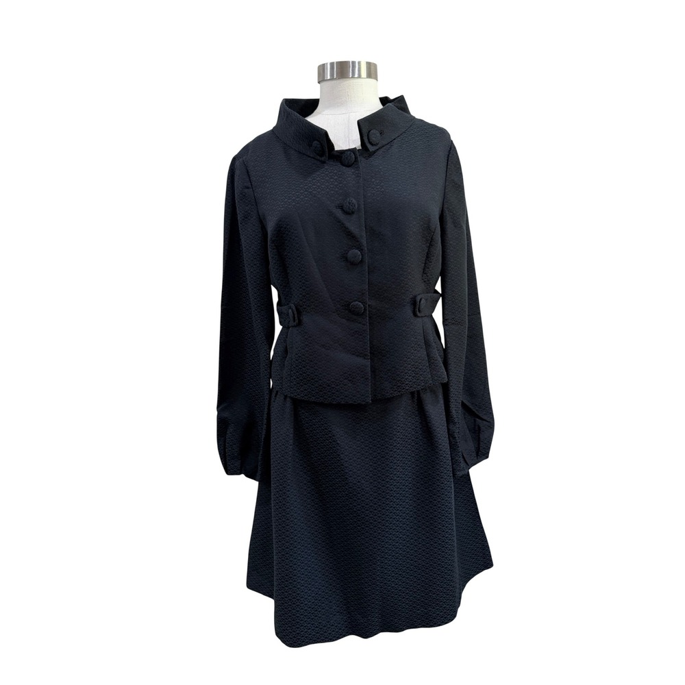 Beth Bowley Black Cotton Silk Textured Skirt Suit Set Size 10/12 Braided Detail